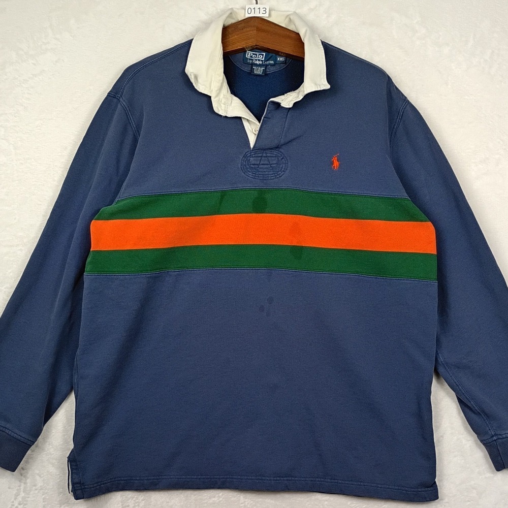 Polo Ralph Lauren Mens XXL Rugby Sweatshirt Navy Blue Green Orange Stripe Fleece